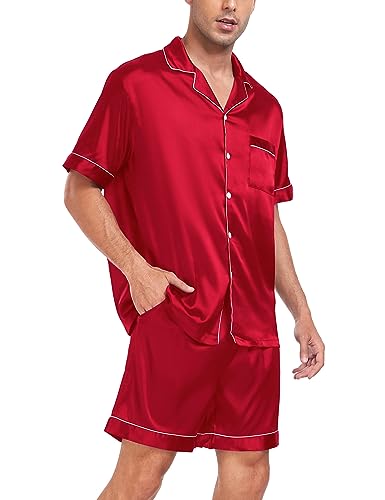 Image of SWOMOG Men Satin Silk Pajamas Sets Short Sleeve Sleepwear Button-Down PJs Sets Two-Pieces Loungewear with Pockets
