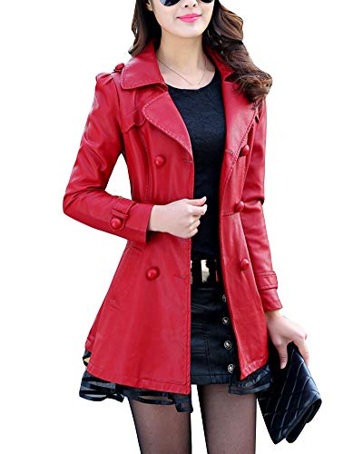 YAOTT Mujer Trench Coat de Moto Cuero Imitación Abrigo de Invierno Largo Chaqueta de Cuero sintético Forrado de vellón Gabardina con cinturón Rojo XL