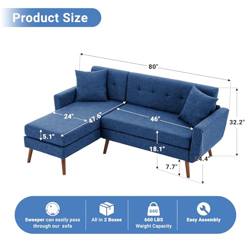 Tbfit L Shaped Couch Sofa, 80" W Mid-Century Modern Sectional Couches, 3 Seater Sofas with Wide Chaise Lounge & Two Pillows,Button Tufted Upholstered Sectional Sofa for Living Room, Bedroom, Blue