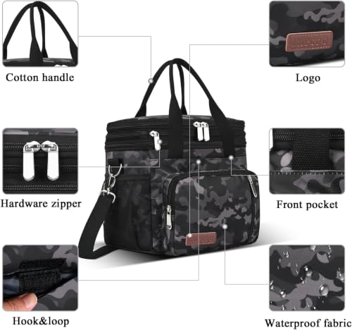 Image of MIYCOO Lunch Bag & Lunch Box for Men Women, Double Deck Leakproof Insulated Soft Large Adult Camping Cooler bag for Work, Beach, Picnic, Travel (Black Camo, 15L)