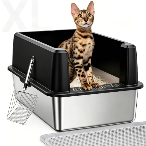 Image of WoofiGo Stainless Steel Cat Litter Box with Lid, XL Extra Large Metal Kitty Litter Box Enclosed for Big Cats, High Sided, Anti-Urine Leakage, Non-Stick Bottom, Include Litter Mat & Metal Scoop (Black)