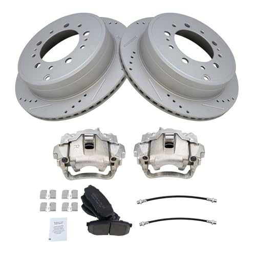 Image of TRQ Performance Rear Brake Pad and Rotor Set Ceramic Slotted Drilled Coated Rotors Calipers Compatible with 2013-2015 Lexus LX570 2013-2015 Toyota Land Cruiser