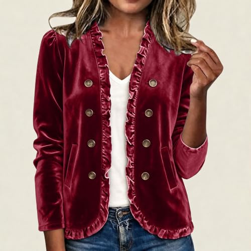 Velvet Jacket Women Velour Button Front Jackets Ruffle Trim Velvet Blazer - image 8