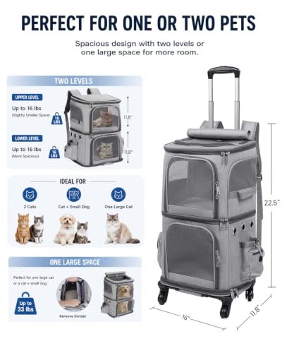 Mochila transportadora de mascotas con ruedas HOVONO, transportador de doble compartimento grande 3