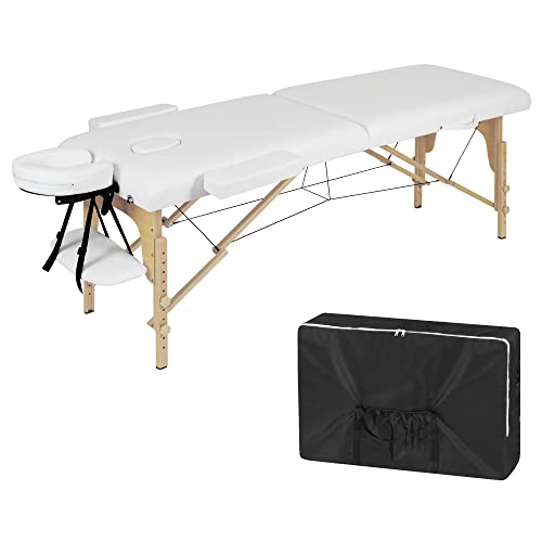 Lestarain Table de Massage Pliante Professionnelle, Lit de Massage Portable, Hauteur Réglable, Lit Esthétique en Bois avec Appui-tête et Sac de Transport, 185x58.5cm, Blanc Crème, LNOG0002