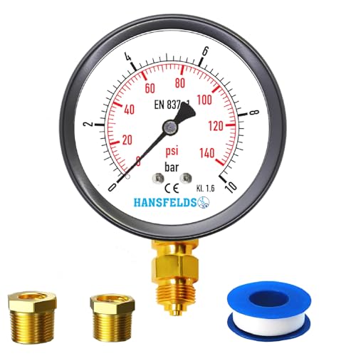 Hansfelds Trocken manometer Trocken 0-10 bar 63mm BSP Unterer Anschluss Glasfenster Messing-Innenleben und Anschluss Doppelskala bar/psi