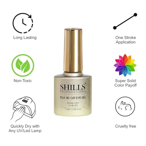 Image of SHILLS PROFESSIONAL Silk 9D Cat Eye Gel Nail Polish - Soak Off UV /LED, Long-Lasting Magnetic Effect, 7.5ml - (361 - Champagne Gold)
