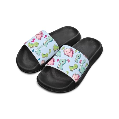 Fonplted Kawaii Dinosaur Slides for Boys | Quick-Dry Toddler Beach Sandals Size 3 | Non-Slip Kids Water Shoes for Pool, Shower & Summer Play (Cartoon Design)