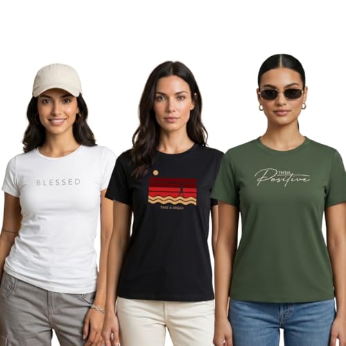 Image of Nobero Women's Graphic Printed Regular Fit Cotton T-Shirt | Casual Tees for Women (Pack of 3)