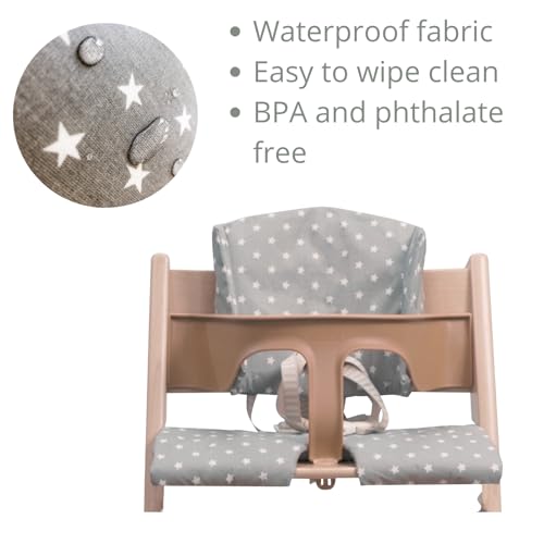 Image of Highchair Cushion for Stokke Tripp Trapp High Chair. Easy to fit, Fully Wipe Clean highchair pad. Suitable for use with Harness (Grey with White Stars)