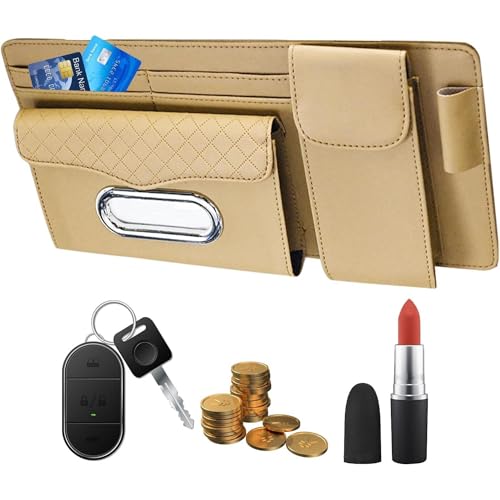 Image of DETACHI Car Sun Visor Organizer with Tissue Paper, Sunglass Pen Card Small Document Storage Pouch & PhoneHolder, Leatherette, Multi-Pocket with Zipper Net-(Beige, 18X3X37CM)