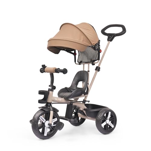 Image of Luusa Elite Pro 4-in-1 Kids Tricycle with Parent Push Handle, Adjustable Canopy, Safety Seat with Seat Belt, Storage Basket & Cup Holder | Toddler Trike for 1-4 Years Boys & Girls (Beige)