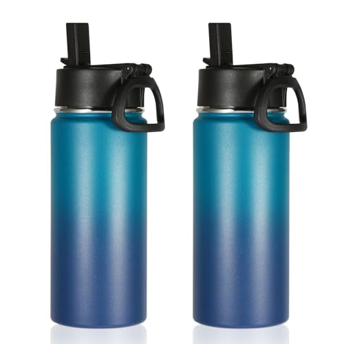 Volhoply 480ml Kids Water Bottle Bulk 2 Pack,Insulated Sports Bottles with Straw Lid,Stainless Steel Bottle with Handle Keep Cold & Hot,Double Wall Vacuum Flask for School(Dark Night,Set of 2)