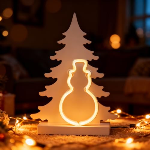 SHATCHI 40Cm Wooden Christmas Tree Decoration Pre Lit LED Neon Snowman Silhouette Scene Ornament Table Window Battery Operated
