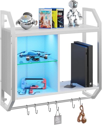 Image of Bestier LED Gaming Floating Shelves for Wall, 25" Wall Mounted Shelf Pipe Adjustable Glass Shelves, White Hanging Display Rack with 6 S-Hooks Towel Bar, Gaming Bedroom Decor Shelf