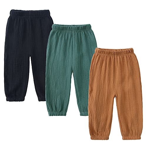 Image of Kids Tales 3 Pack Boys Girls Cotton Linen Pants Child Basic Plain Solid Trousers Big Kids Elastic Waist Long Pants Bloomers