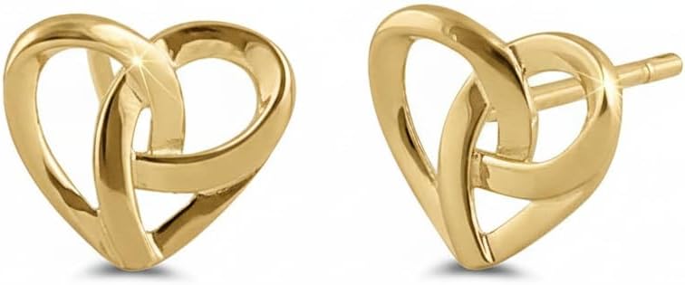 14K Solid Yellow Gold Small Womens Celtic Heart Triquetra Stud Earrings Celtic Love Earrings for Ladies - 0.40in