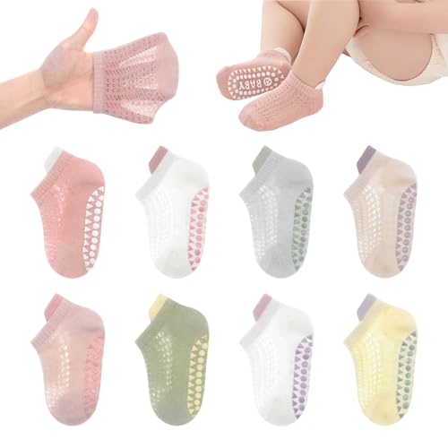 YANWANG 8 Pares de Calcetines Antideslizantes para Bebé Calcetines de Malla para Bebés Niños Niñas (Pink, M:1-3 Y)