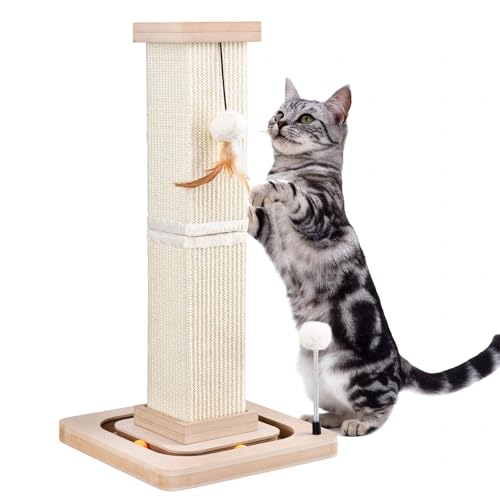 LIFLIX 67 cm / 27" Cat Scratching Post, Sisal Cat Scratcher with Interactive Track Balls and Hanging Balls, Vertical Scratching Posts for Indoor Cats and Kittens