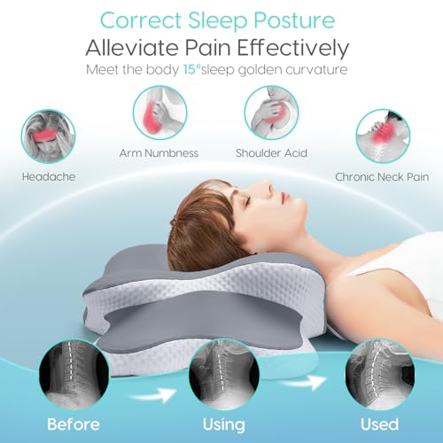 Orthopedic Cervical Pillow for Neck Pain Relief - Memory Foam Neck Support Pillow for All Sleeping Positions (Side, Back, Stomach), Ergonomic Contour with Removable & Washable Grey Cover