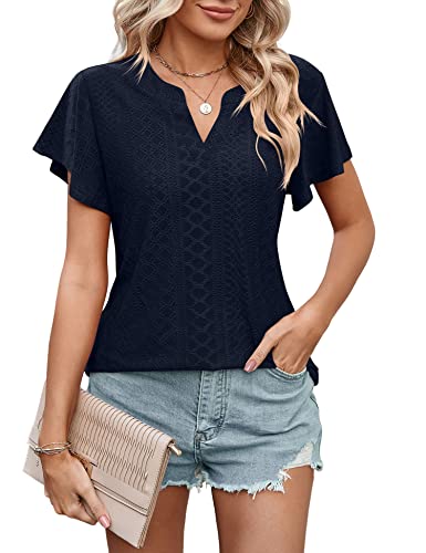 HANERDUN Camisetas Mujer Volantes Manga Corta Blusas de Mujer Elegantes Verano Top de Cuello en V T Shirt