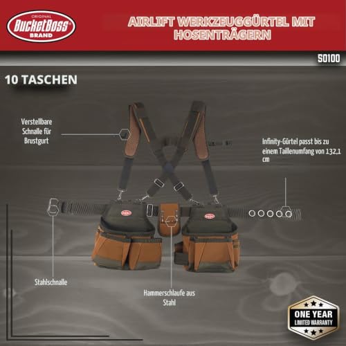 Bucket Boss - Airlift Werkzeuggürtel mit Hosenträgern, Werkzeuggürtel - Original Serie (50100) mit 12 Taschen, Braun, 52 Zoll – Ansicht 4