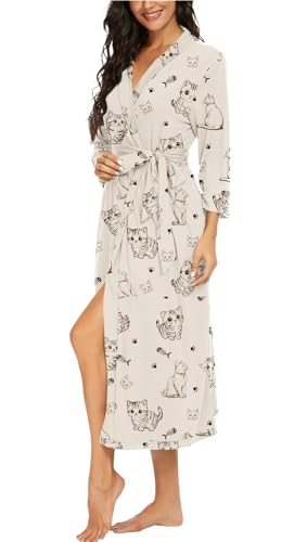 Image of VINTATRE Robes for Women Long Knit Bathrobe XS-4XL | 3 /4 Sleeve Bathrobes with Pockets, Stretchy and Lightweight Fabric, Inner Tie and Fixed Outer Belt, Mid Calf Length