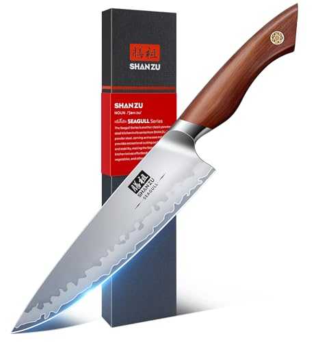 SHAN ZU Kochmesser Küchenmesser aus Amerikanischer S35VN-Pulverstahlkern 20CM Scharfe Profi Messer aus 5 Schichten Verbundstahl Chefmesser mit Ergonomischer Roter Sandelholzgriff- SEAGULL Series
