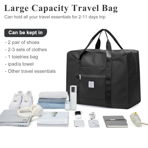 Large Travel Bag for Women, Foldable Travel Duffel Bag with Trolley Sleeve, Carry on Weekender Overnight Bag with Wet Pocket, Personal Item Bag,Black2