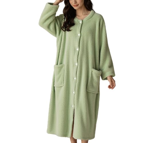 Peignoir long en polaire corail vert pour femme avec boutons et poches