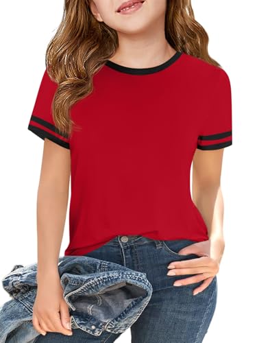 Image of Haloumoning Girls Short Sleeve T Shirts Kids Summer Crewneck Color Block Tops Fashion Tees 5-14 Years