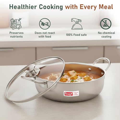 Image of Parage 1 Pieces Stainless Steel Mini Kadhai 1.5 Litre with Glass Lid for 2-3 People | Gas & Induction Friendly Encapsulated Base | Rust-Resistant Cookware for Daily Cooking