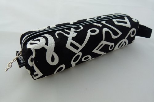 Embossed White Musical Notes Black Tube Zipper Pencil Case Pouch with Hand Strap