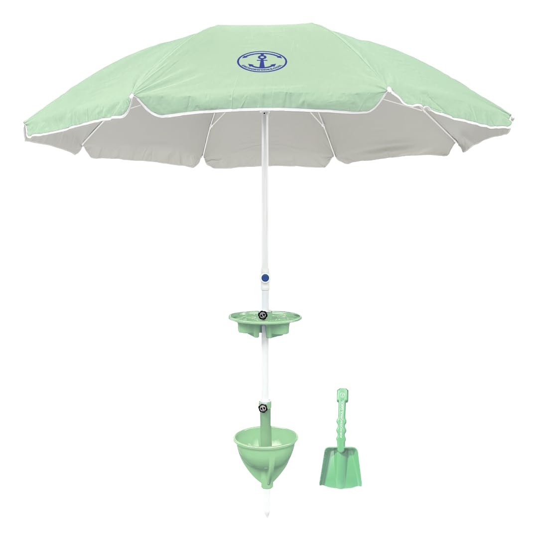 Anchor Works All-In-One Classic Beach Umbrella System - Stay Stylish and Secure with AnchorONE Sand Anchor, 7.5ft Umbrella, Carrying Bag, Shovel, and Tray - Choose from 5 Colors!