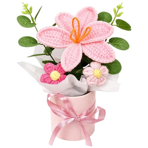 STIFFENERS Crochet Flowers Crochet Flower Bouquet Pink Crochet Flower In The Decorative Bucket Suitable for Home Office Decoration Special Occasions and Event Gifts