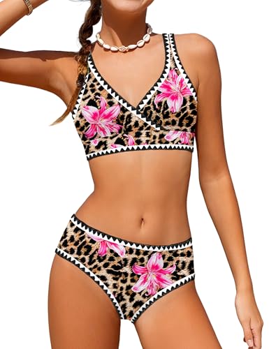 Image of KANGKANG Girls Swimsuit Bikini Set Solid Color V-Neck Two Piece Bathing Suit with Chest Pad Adjustable Straps Swimwear 7-16T