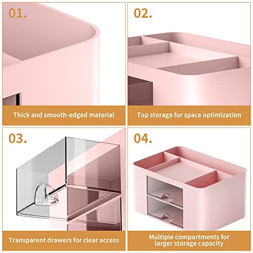 Marbrasse Pen Organizer with 2 Drawer, Multi-Functional Pencil Holder Desk Tidy for Desk, Desk Organizers and Accessories with 5 Compartments + Drawer for Office Art Supplies (Pink)