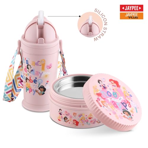 Image of JAYPEE First Step Inner Stainless Steel Insulated Lunch Box Meal and Sip Combo for School Kids Water Bottle Sipper & Disney Princess School Kids Tiffin Box 375 & 270 ml Water Bottle, Pink