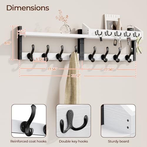 Image of Evermagin 35 inch Coat Rack Wall Mount with Shelf, 4 in 1 Coat and Key Hanger with 13 Metal Hooks, Entryway Wall Mounted Shelf with Mail Holder for Living Room, Bedroom, White