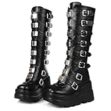 CELNEPHO Womens Wedge Platform Knee High Boots High Heel Round-Toe Zip Punk Goth Mid Calf Combat Boots For Women black size 8