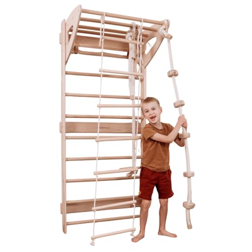 Image of Woodandhearts Baby Mobile Swedish Ladder Swing with Rope Accessories - Climbing Toys for Toddlers, Indoor Playground, Wooden Play Gym (Natural Wood, All Accessories)