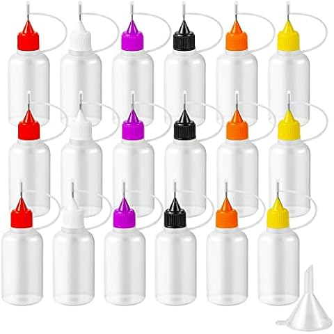 YEAJOIN 18PCS Precision Needle Tip Glue Applicator Bottles, 6 Color 30ML/1 OZ Fine Needle Tip Squeeze Bottle with Mini Funnel for DIY Paint Paper Quilling Craft Glue Ink Liquid Acrylic Painting Cover
