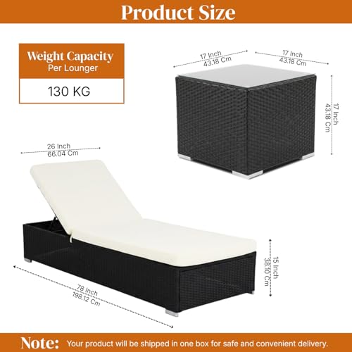 Image of DEVOKO 2 Pieces Outdoor Wicker Lounge Chairs Set with Adjustable Backrest and Glass Top Coffee Table Patio Furniture for Poolside, Balcony, Lawn (Black & White)