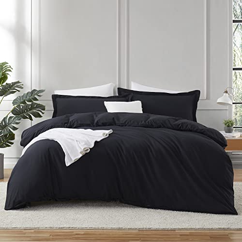 Image of Hearth & Harbor Black Duvet Cover with Fitted Sheet King Size | 4 Piece Soft Double Brushed Bedding Set, Button Closure, 1 Duvet Cover 104x90 Inches, 1 Fitted Sheet, 2 Pillow Shams