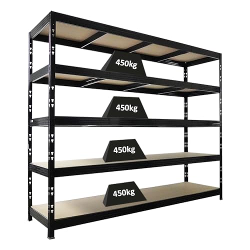 PROREGAL Profi Schwerlastregal Rhino EXTRA BREIT XXL schwarz HxBxT 200x240x70cm Fachlast 450kg 5X Spanplatten-Ebenen 8mm Garagenregal, Lagerregal, Steckregal, Weitspannregal
