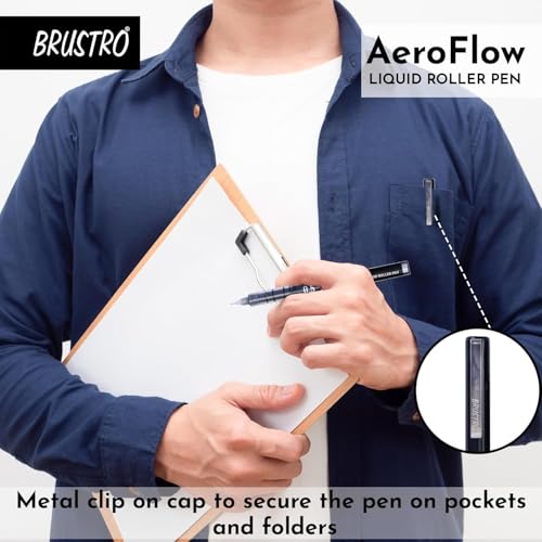 Image of BRUSTRO AeroFlow Liquid Ink Rollerball Pens | Black | 0.5mm, Micro Tip | Pack of 6 | Ideal for Students, Professionals, Office, Exam use, Accurate Smooth Writing, Waterproof, Fade Resistant