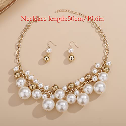Wiwpar Women Statement Gold Short Chain Pendant Pearl Necklaces Chunky Faux Pearl Cluster Collar Bib Choker Necklace And Earrings Set For Women Gift #TOP4