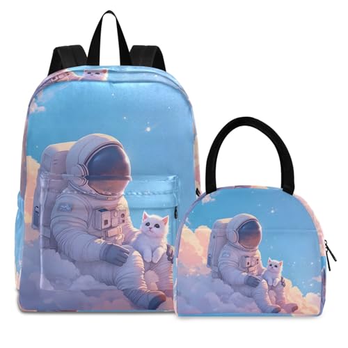 Backpack Lunch Bag Set Astronaut on Cloud Print, Big Storage Travel Backpacks with Insulated Lunch Box for Office Hiking Picnic