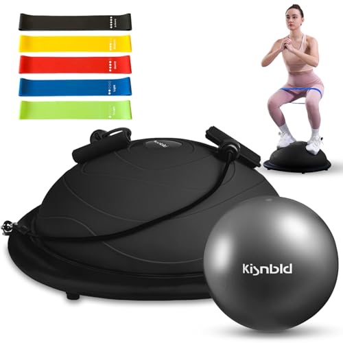 kisnbld Entrenador de media pelota de equilibrio, media pelota de ejercicio inflable con pelota de pilates y bandas de resistencia, media pelota de yoga antideslizante para gimnasio en casa,