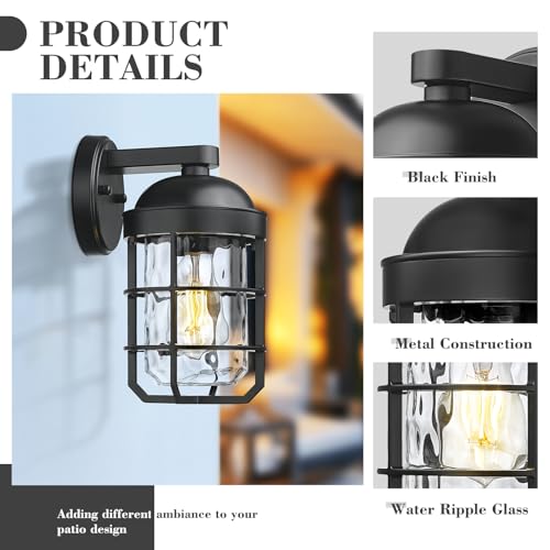 Image of Emliviar 1-Light Porch Wall Lantern with Metal Cage, Outdoor Sconce Wall Mounted Lighting with Water Ripple Glass, Matte Black Finish, GE255BL BK-WG